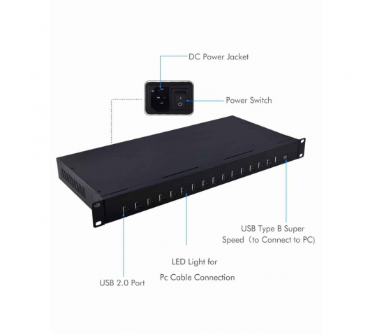 Bravour 16 Port 1U rackmontierbarer USB-Hub zum Laden und Synchronisieren