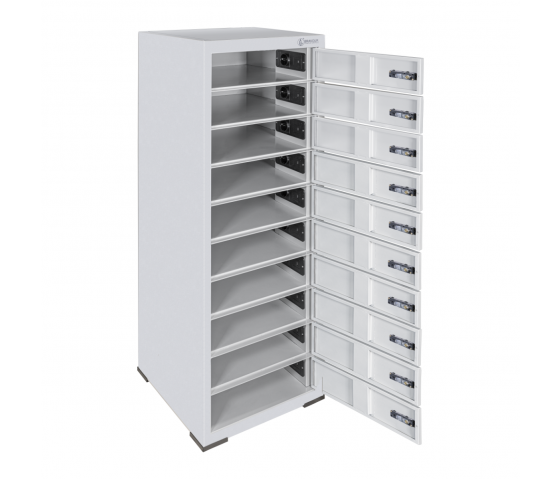 Bravour BR10 Freistehendes Spind, Staufacher vorgesehen von ein 220V und zwei USB-Anschlüssen. Jedes Ablagefach hat ein Codeschloss.