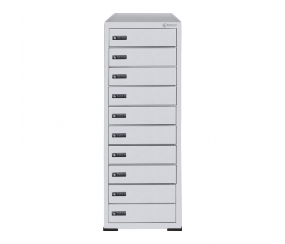 Bravour BR10 Freistehendes Spind, Staufacher vorgesehen von ein 220V und zwei USB-Anschlüssen. Jedes Ablagefach hat ein Codeschloss.