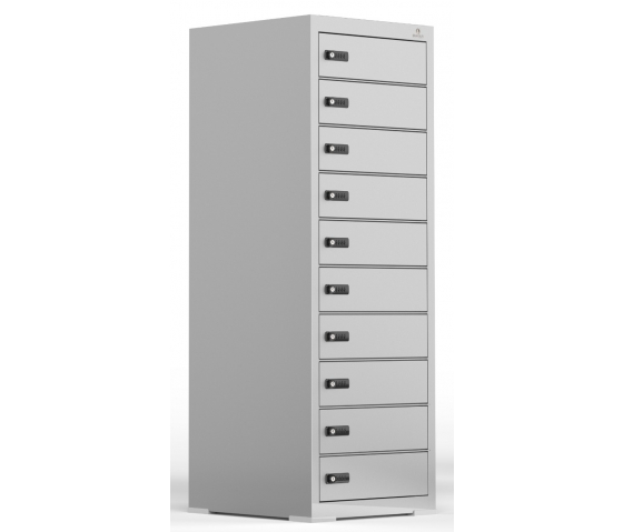 Bravour BR10 Freistehendes Spind, Staufacher vorgesehen von ein 220V und zwei USB-Anschlüssen. Jedes Ablagefach hat ein Codeschloss.