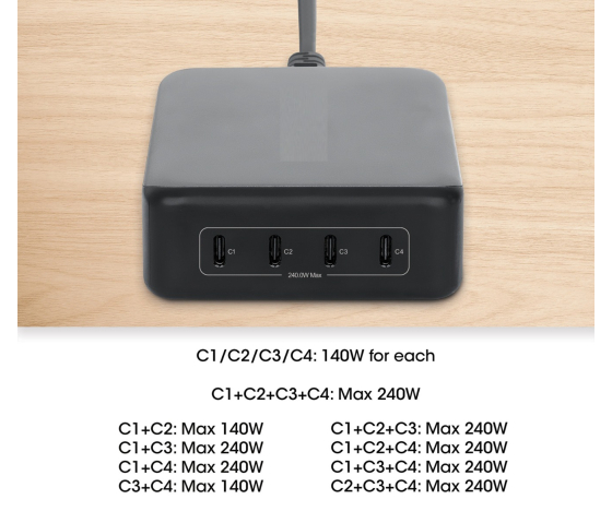 4-Port GaN USB-C Power Delivery Ladestation - 240 W / PD 3.1