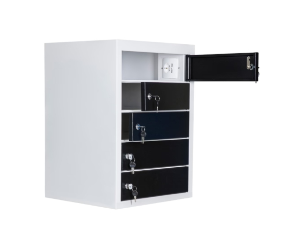 Compact Fächerschrank mit Ladefunktion BR5KLDESK Schwarz für 15 mobile Geräte - USB & Steckdose - Schlüsselschlösser