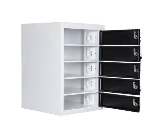 Compact Fächerschrank mit Ladefunktion BR5KLDESK Schwarz für 15 mobile Geräte - USB & Steckdose - Schlüsselschlösser